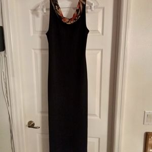 Vintage Black Maxi Dress with Multicolor Scarf Detail